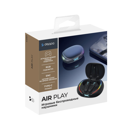 Игровые беспроводные наушники Deppa Air Play, BT 5.3, зарядный чехол 300 мАч, черный (44197)