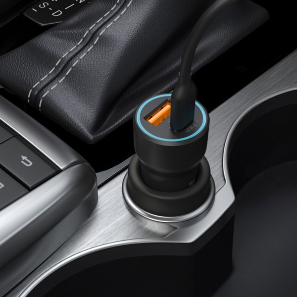 Автомобильное зарядное устройство USB-C + USB A, 20Вт, 3А, PD, QC, кабель USB-C - Lightning (MFI), 1.2м, черный