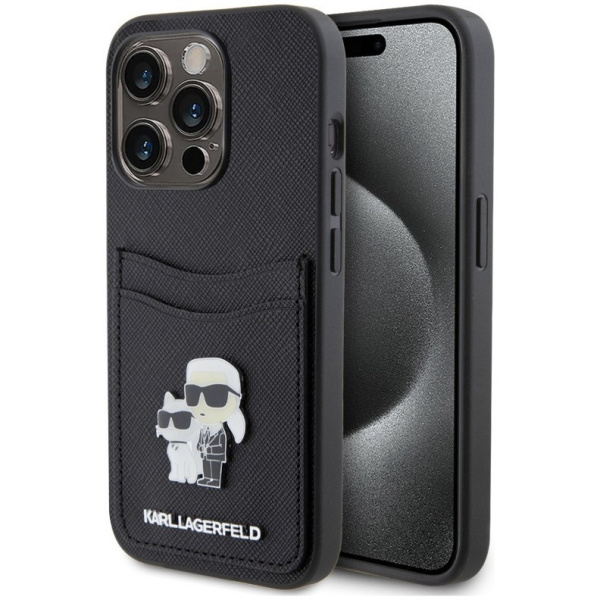 Чехол Karl Lagerfeld Cardslot PU Saffiano NFT Karl & Choupette metal Hard для iPhone 15 Pro, цвет Черный