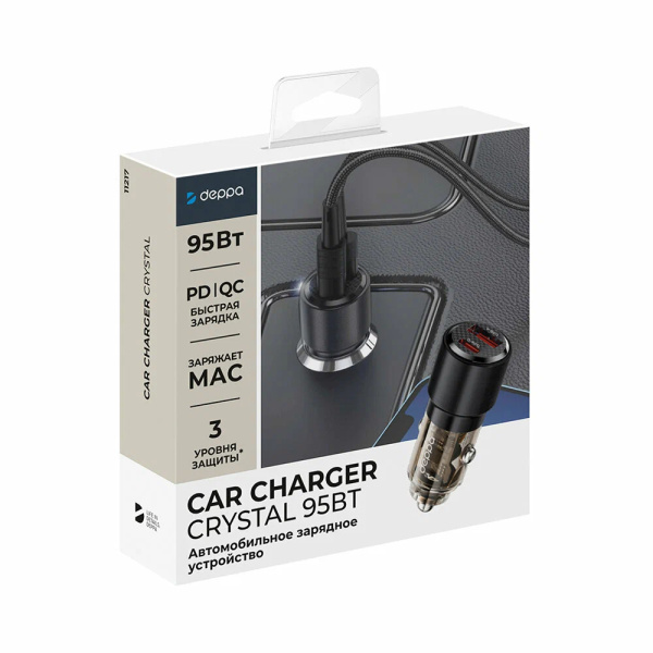 Автомобильное зарядное устройство Deppa Crystal Car Charger [USB + USB-C] 95W, Black (11217)