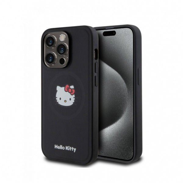 Чехол Hello Kitty PU Leather Kitty Head Hard (MagSafe) для iPhone 15 Pro, цвет Черный