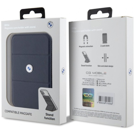 Магнитный картхолдер BMW Wallet MagSafe Cardslot Stand Signature Leather with metal logo, цвет Темно-синий (BMWCSMRSV)