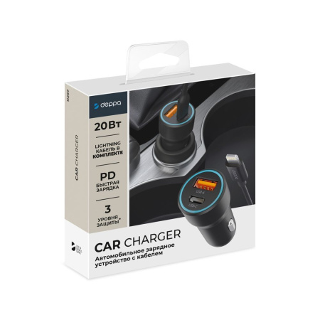 Автомобильное зарядное устройство USB-C + USB A, 20Вт, 3А, PD, QC, кабель USB-C - Lightning (MFI), 1.2м, черный