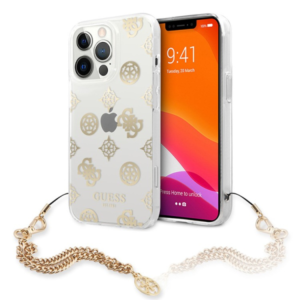 Чехол CG Mobile Guess PC/TPU Peony Hard + Gold hand chain для iPhone 13 Pro, цвет Прозрачный/Золотая цепь (GUHCP13LKSPEGO)