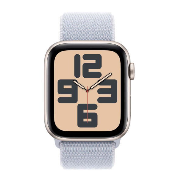 Apple Watch SE (2024), 44 мм корпус из алюминия цвета «Starlight», ремешок Sport Loop цвета «Blue Cloud»