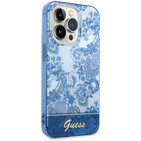 Чехол CG Mobile Guess PC/TPU Toile de Jouy w Electroplated camera Hard для iPhone 14 Pro, цвет Голубой