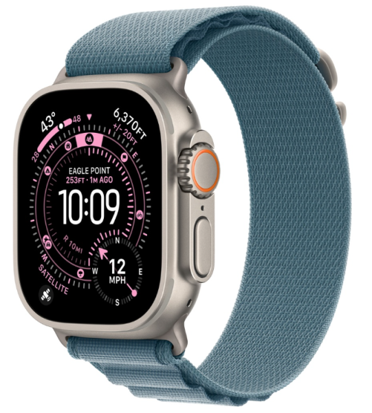 Apple Watch Ultra 3 (2025), 49 мм корпус из титана цвета «Natural», ремешок Alpine Loop размера S цвета «Light Blue»