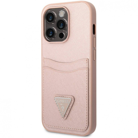 Чехол CG Mobile Guess PU Saffiano Double cardslot w Metal triangle logo Hard для iPhone 14 Pro, цвет Розовый