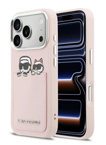 Чехол Lagerfeld PU Smooth Sketch Karl&Choup Metal Cam with Cardslot Hard Pink для iPhone 17 Pro Max