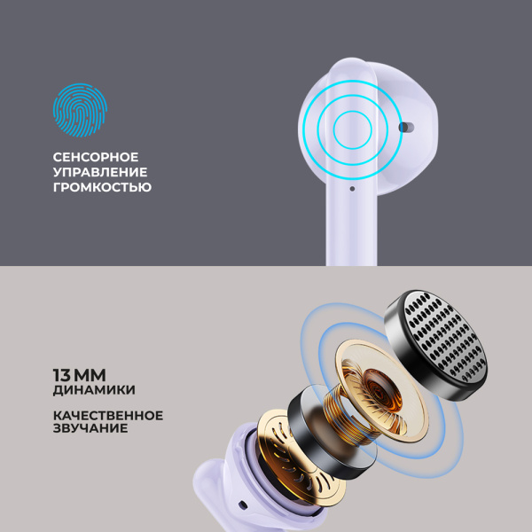 Беспроводные наушники с микрофоном Deppa Air Dream, TWS, BT 5.3, 300 мАч, лавандовый (44161)