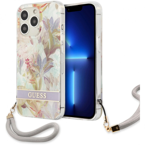 Чехол CG Mobile Guess PC/TPU Flower pattern Hard + Hand cord для iPhone 13 Pro Max, цвет Фиолетовый (GUHCP13XHFLSU)