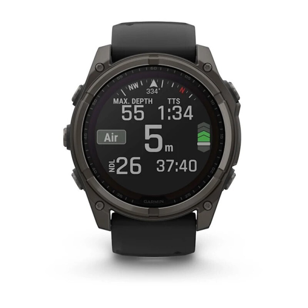 Смарт часы Garmin Fenix 8, 51 мм, Solar, Sapphire Carbon Gray DLC Titanium with Black/Pebble Gray Silicone