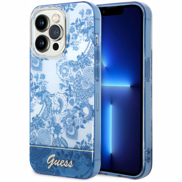 Чехол CG Mobile Guess PC/TPU Toile de Jouy w Electroplated camera Hard для iPhone 14 Pro, цвет Голубой