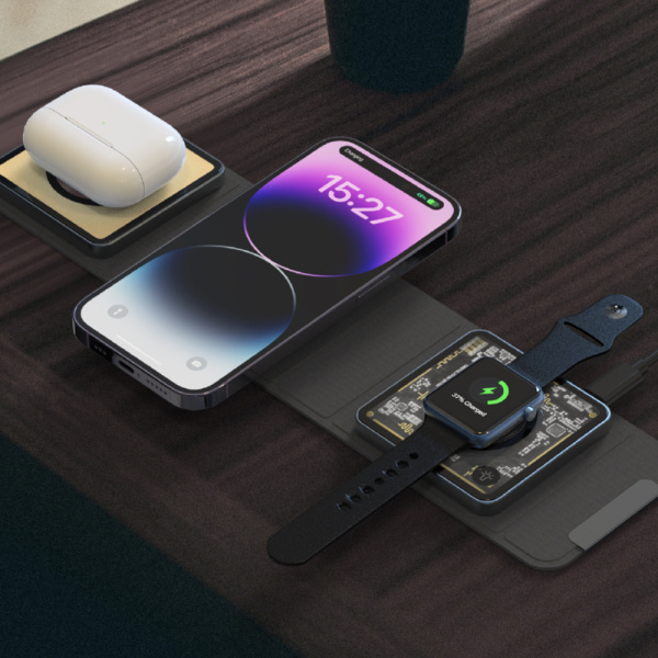 Беспроводная зарядная станция Deppa 3 в 1 Crystal MagSafe Fold Travel QI складная, черная