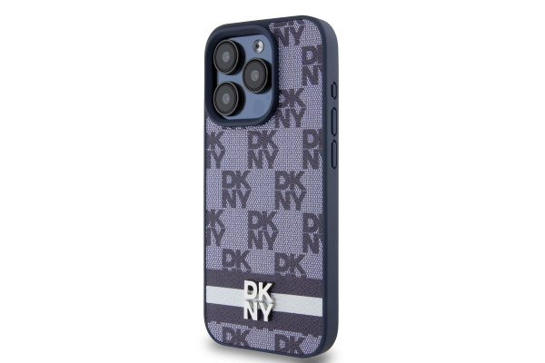 Чехол DKNY PU Checkered Printed stripes Metal logo Hard Blue для iPhone 15 Pro, синий