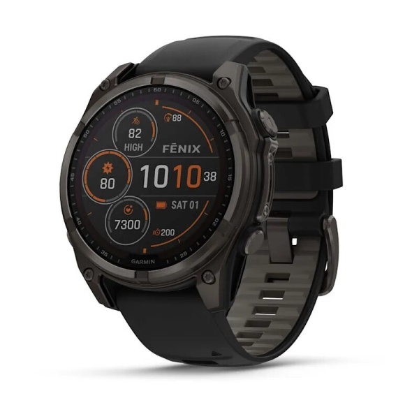 Смарт часы Garmin Fenix 8, 47 мм, Solar, Sapphire Carbon Gray DLC Titanium with Black/Pebble Gray Silicone