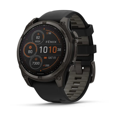 Смарт часы Garmin Fenix 8, 47 мм, Solar, Sapphire Carbon Gray DLC Titanium with Black/Pebble Gray Silicone