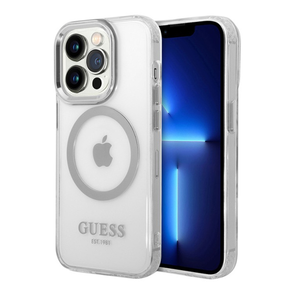 Guess для iPhone 15 Pro чехол PC/TPU Metal outline Hard Transparent/Silver