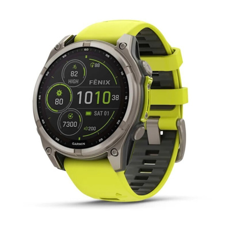 Смарт часы Garmin Fenix 8, 47 мм, Solar, Sapphire Titanium with AMP yellow/graphite silicone band