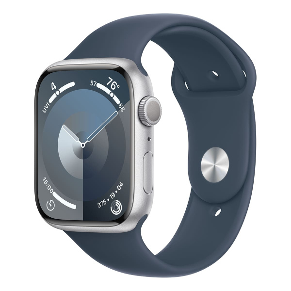 Apple Watch Series 9, 41 мм корпус из алюминия цвета «Silver», спортивный ремешок «Storm Blue»