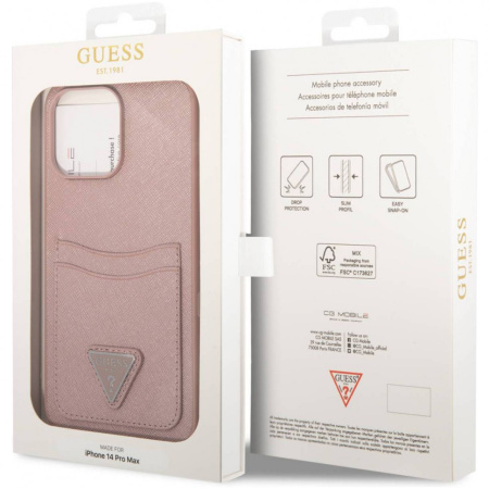 Чехол CG Mobile Guess PU Saffiano Double cardslot w Metal triangle logo Hard для iPhone 14 Pro, цвет Розовый