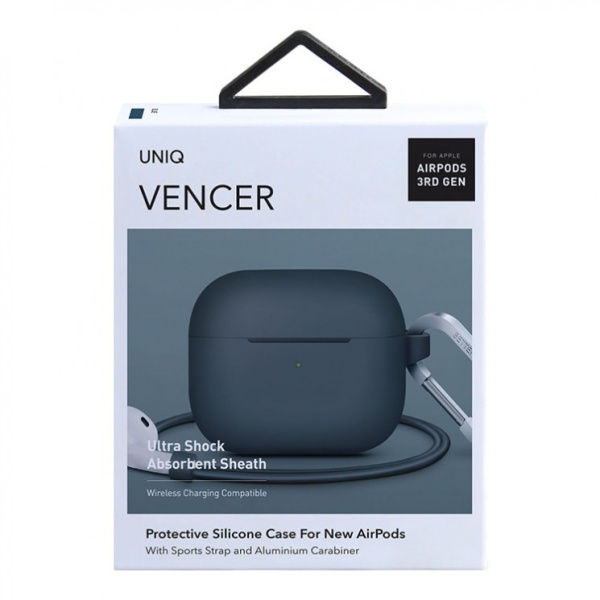 Комплект Uniq - чехол с карабином Vencer Silicone case + ремешок для AirPods 3, цвет Синий (AIRPODS(2021)-VENBLU)
