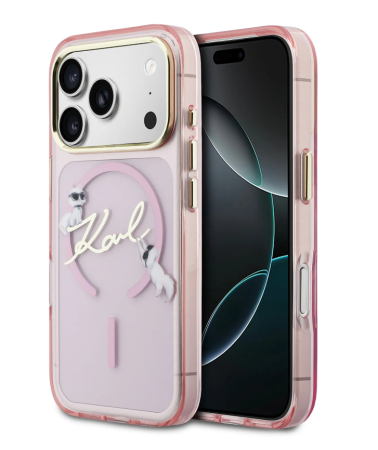 Чехол Lagerfeld IML NFT Choupettes Script logo Metal Cam Hard Pink (MagSafe) для iPhone 17 Pro