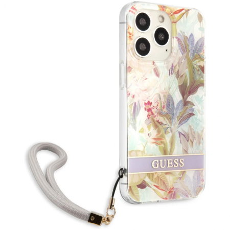 Чехол CG Mobile Guess PC/TPU Flower pattern Hard + Hand cord для iPhone 13 Pro Max, цвет Фиолетовый (GUHCP13XHFLSU)